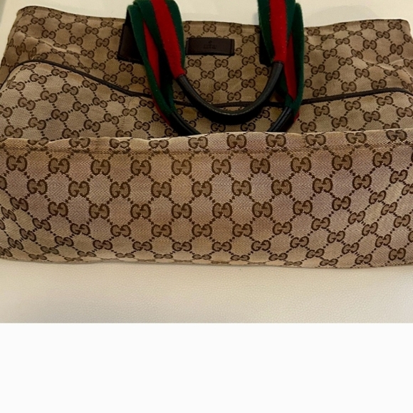 Gucci GG Jacquard Leather Shelly Shoulder Bag Green Burgundy Classic Stripe Tote - Picture 2 of 13